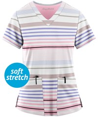 Easy STRETCH by Butter-Soft™ Stripe Me Pink Peony Women's 2-Pocket V-Neck Print Scrub Top