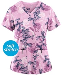 Easy STRETCH by Butter-Soft™ Spring Flora Pink Peony Women's 2-Pocket V-Neck Print Scrub Top