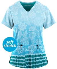 Easy STRETCH by Butter-Soft™ Tinted Blossoms Turquoise Women's 2-Pocket V-Neck Print Scrub Top