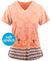 Easy STRETCH by Butter-Soft™ Tinted Blossoms Coral Sunset Women's 2-Pocket V-Neck Print Scrub Top