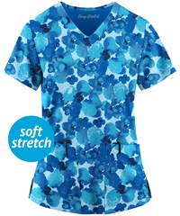 Easy STRETCH by Butter-Soft™ Watercolor Poppy Turquoise Women's 2-Pocket V-Neck Print Scrub Top