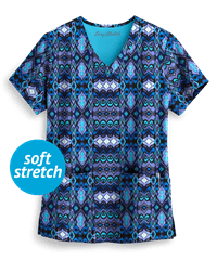 Easy STRETCH by Butter-Soft™ Whispering Ikat Women's 2-Pocket Print Scrub Top