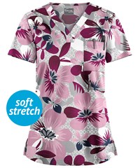 UA Butter-Soft STRETCH Bora Bora Wine Women's 1-Pocket V-Neck Print Scrub Top