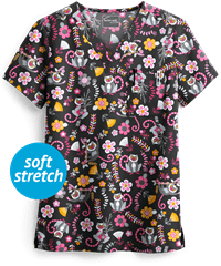 UA Butter-Soft STRETCH Lemur Love Black Printed Women's 1-Pocket V-Neck Scrub Top