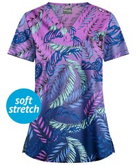 UA Butter-Soft STRETCH Palm Fronds Aqua Moon Women's 1-Pocket V-Neck Print Scrub Top