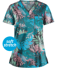 UA Butter-Soft STRETCH Passion Fronds Pewter Women's 1-Pocket V-Neck Print Scrub Top