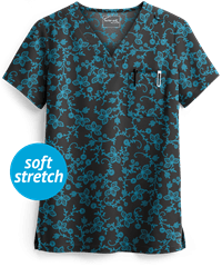 UA Butter-Soft STRETCH Floral Vines Black Printed Women's 1-Pocket Tuck-In Scrub Top