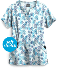 Butter-Soft Falling Snowflakes Aqua Moon Women's 4-Pocket Notch Neck Print Scrub Top