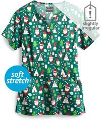 Butter-Soft Here Comes Santa Women's 4-Pocket Notch Neck Print Scrub Top **Slightly IRREGULAR**