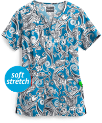 UA Persian Paisley Riviera Blue Women's 4-Pocket Notch-Neck Print Scrub Top