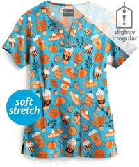 Butter-Soft Thanksgiving Celebration Womens 4-Pocket Notch Print Scrub Top **Slightly IRREGULAR**