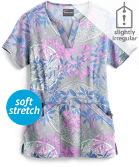 Butter-Soft Watercolor Tapestry Silver Women's 4-Pocket Notch Print Scrub Top **Slightly IRREGULAR**