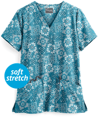 UA Butter-Soft STRETCH Bandana Paisley Harbor Blue Women's 2-Pocket V-Neck Print Scrub Top