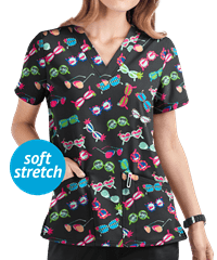 UA Butter-Soft STRETCH Sunglasses Black Printed Women's 2-Pocket V-Neck Scrub Top