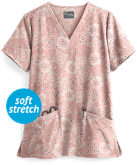 UA Butter-Soft STRETCH Bandana Paisley Pale Mauve Women's 2-Pocket V-Neck Print Scrub Top
