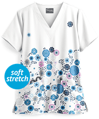 UA Butter-Soft STRETCH Dancing Floral White Printed Women's 2-Pocket V-Neck Scrub Top