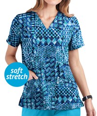 UA Butter-Soft STRETCH Dondo Patchwork Navy Women's 2-Pocket V-Neck Print Scrub Top