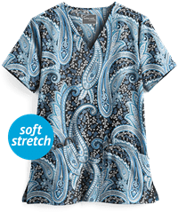 UA Butter-Soft STRETCH Floral Paisley Black Printed Women's 2-Pocket V-Neck Scrub Top