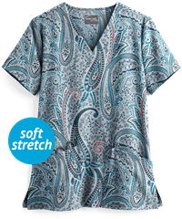 UA Butter-Soft STRETCH Floral Paisley Silver Women's 2-Pocket V-Neck Print Scrub Top