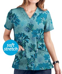 UA Butter-Soft STRETCH Garden Lilies Aqua Moon Women's 2-Pocket V-Neck Print Scrub Top