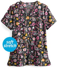 UA Butter-Soft STRETCH Lemur Love Black Printed Women's 2-Pocket V-Neck Scrub Top