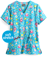 UA Butter-Soft STRETCH Lemur Love Turquoise Women's 3-Pocket V-Neck Print Scrub Top