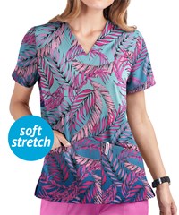 UA Butter-Soft STRETCH Palm Fronds Rosebud Women's 2-Pocket V-Neck Print Scrub Top