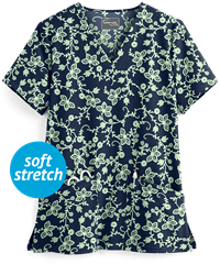 UA Butter-Soft STRETCH Floral Vines Navy Women's 2-Pocket V-Neck Print Scrub Top