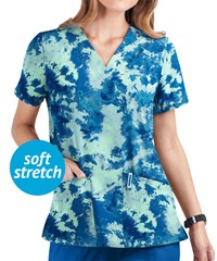 UA Butter-Soft STRETCH Watercolor Splash Aqua Moon Women's 2-Pocket V-Neck Print Scrub Top