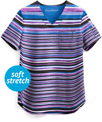 Easy STRETCH by Butter-Soft™ Sunset Watercolor Stripe Women's 2-Pocket Tuck-In Print Scrub Top