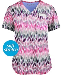 Easy STRETCH by Butter-Soft™ Brushstroke Chevron White Printed Women's 1-Pocket Tuck-In Scrub Top