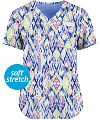 Easy STRETCH by Butter-Soft™ Enchanting Ikat White Printed Women's 1-Pocket Tuck-In Scrub Top