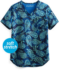 Easy STRETCH by Butter-Soft™ Passion Paisley Navy Chloe Women's 2-Pocket One Tuck-In Print Scrub Top