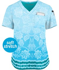 Easy STRETCH by Butter-Soft™ Tinted Blossoms Turquoise Women's 1-Pocket Tuck-In Print Scrub Top