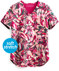 Easy STRETCH by Butter-Soft™ Tropical Floral Pewter Chloe Women's 2-Pocket Tuck-In Print Scrub Top