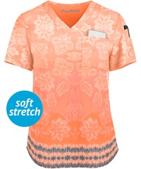 Easy STRETCH by Butter-Soft™ Tinted Blossoms Coral Sunset Women's 1-Pocket Tuck-In Print Scrub Top