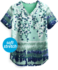 Easy STRETCH by Butter-Soft Watercolor Floral Sea Jade Chloe Women's 2-Pocket V-Neck Print Scrub Top