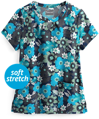 Butter-Soft Botanical Garden Navy Women's 2-Pocket Key-Hole Neck Detailed Print Scrub Top