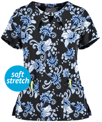 Butter-Soft Floral Soiree Black Printed Women's 2-Pocket Key-Hole Neck Detailed Scrub Top