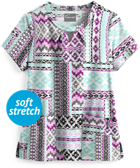Butter-Soft Boho Patchwork White Printed Women's 2-Pocket Key-Hole Neck Detailed Scrub Top