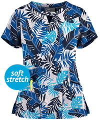 Butter-Soft Botanical Fronds White Printed Women's 2-Pocket Key-Hole Neck Detailed Scrub Top