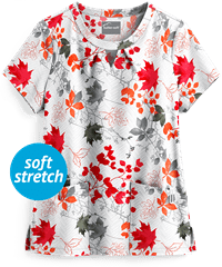 Butter-Soft Chevron Blossoms White Printed Women's 2-Pocket Key-Hole Neck Detailed Scrub Top