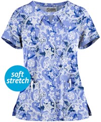 Butter-Soft Cosmic Stars Ceil Women's 2-Pocket Key-Hole Neck Detailed Print Scrub Top