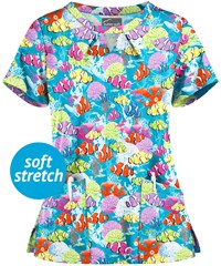 Butter-Soft Dazzling Reef Turquoise Women's 2-Pocket Key-Hole Neck Detailed Print Scrub Top