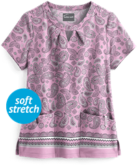 Butter-Soft Garden Paisley Light Thistle Women's 2-Pocket Key-Hole Neck Detailed Print Scrub Top