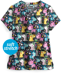 Butter-Soft Smart Pups Pewter Women's 2-Pocket Key-Hole Neck Detailed Print Scrub Top