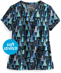 Butter-Soft Wintertime Black Printed Women's 2-Pocket Key-Hole Neck Detailed Scrub Top