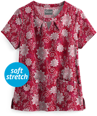 Butter-Soft Winter Breeze Red Women's 2-Pocket Key-Hole Neck Detailed Print Scrub Top