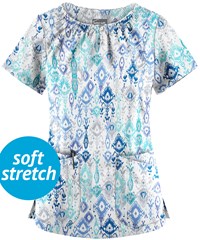 UA Butter-Soft STRETCH Cascading Ikat Amparo Blue Women's 6-Pocket Peasant Style Print Scrub Top