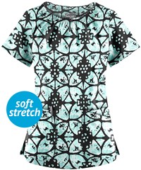 UA Butter-Soft STRETCH Desert Rose Black Printed Women's 6-Pocket Peasant Style Scrub Top